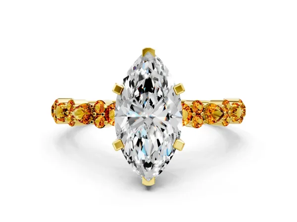 Marquise Cut Diamond Side Stone Solitaire Ring with Round Citrine and Four-Prong Setting Yellow gold