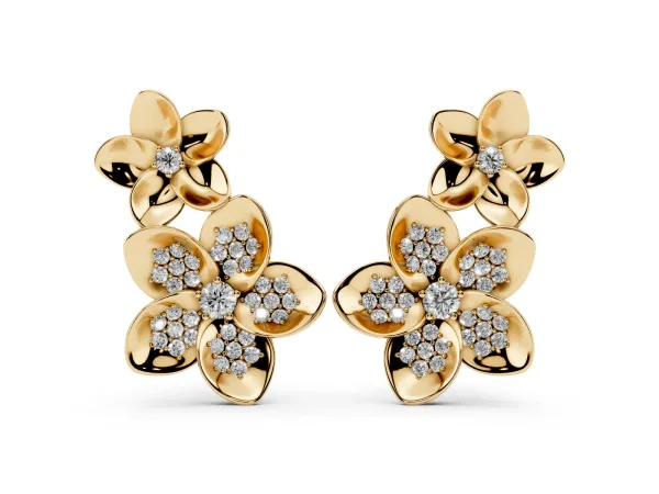 Round Diamond Plumeria Climber Earrings Yellow gold