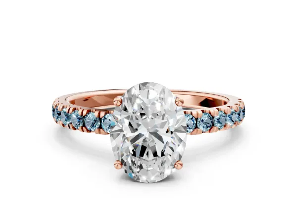 Oval Cut Diamond Pave Band Solitaire Ring with Round Aquamarine and Prong Setting Rose gold