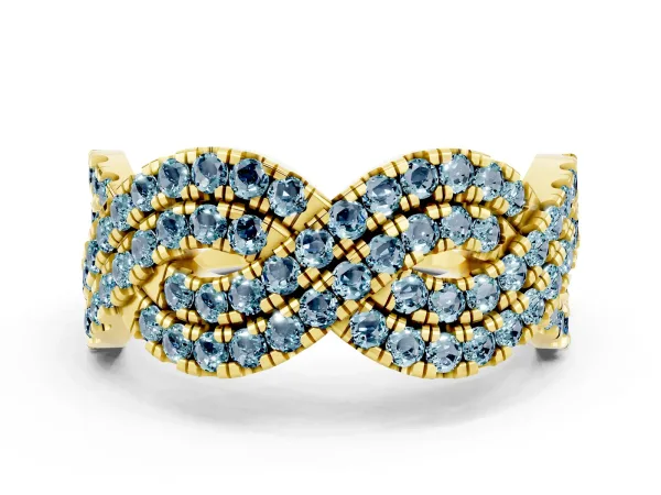 Pavé Round Aquamarine Infinity Twist Band with Shared Prong Setting Yellow gold