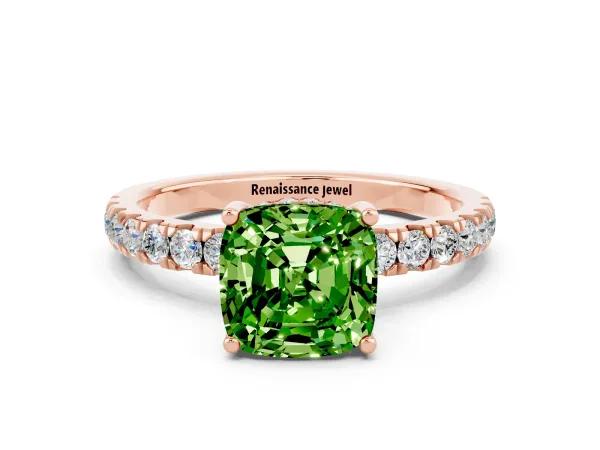 Cushion Cut Peridot Pave Band Solitaire Ring with Round and Prong Setting Rose gold