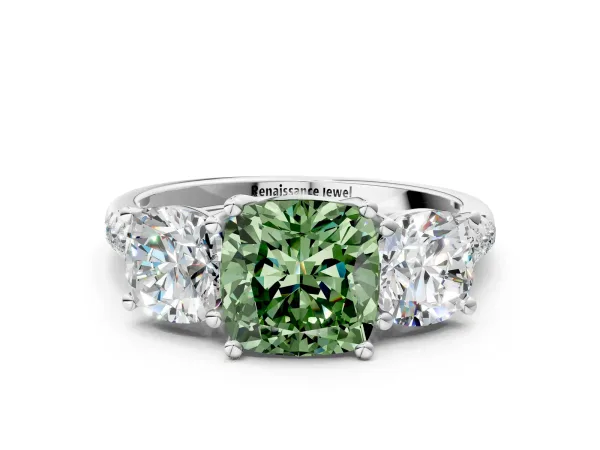 Fancy Green Three-Stone Cushion Cut Diamond Ring with Round Pavé Band and Prong Setting Platinum