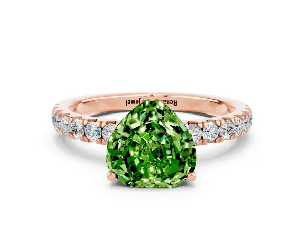 Heart Cut Peridot Pave Band Solitaire Ring with Round and Prong Setting Rose gold