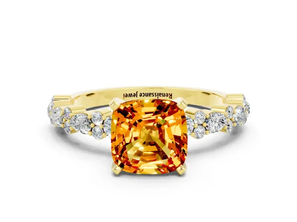 Cushion Cut Citrine Side Stone Solitaire Ring with Round and Four-Prong Setting Yellow gold