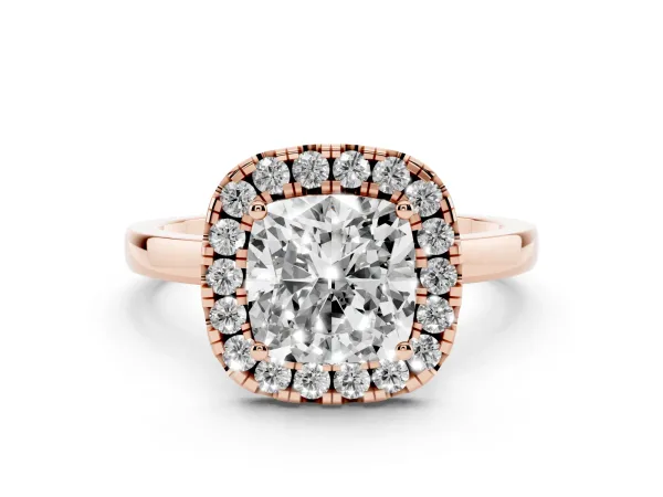 Cushion Cut Halo Diamond Solitaire with Pavé Band and Four-Prong Setting Rose gold