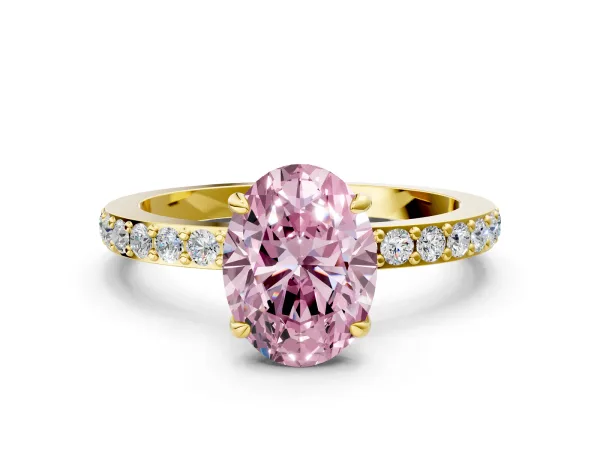 Fancy Pink Oval Cut Diamond Solitaire Engagement Ring with Pavé Band and Four-Prong Setting Yellow gold
