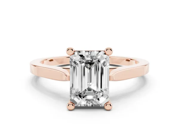 Emerald Cut Solitaire Diamond Ring with Four-Prong Setting and Tapered Band Rose gold