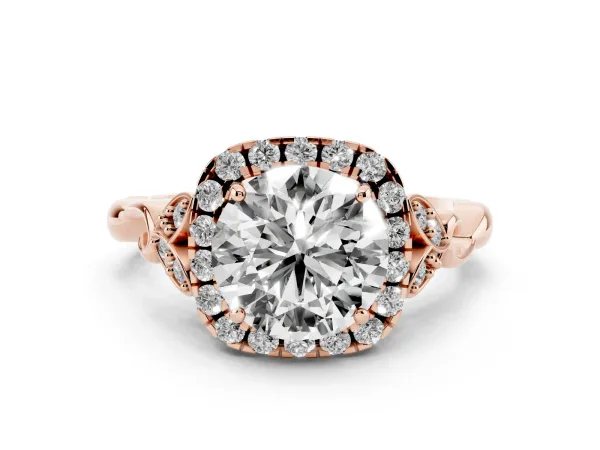 Round Cut Halo Diamond Engagement Ring with Vintage-Inspired Band and Four-Prong Setting Rose gold