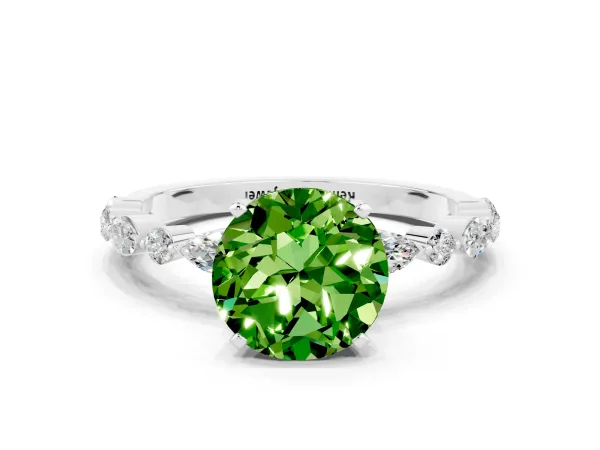 Round Cut Peridot Ring with Marquise and Round Side Stones and Four-Prong Setting Silver