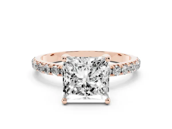Princess Cut Cut Diamond Solitaire Ring with Micro Pave Band and Four Prong Setting Rose gold