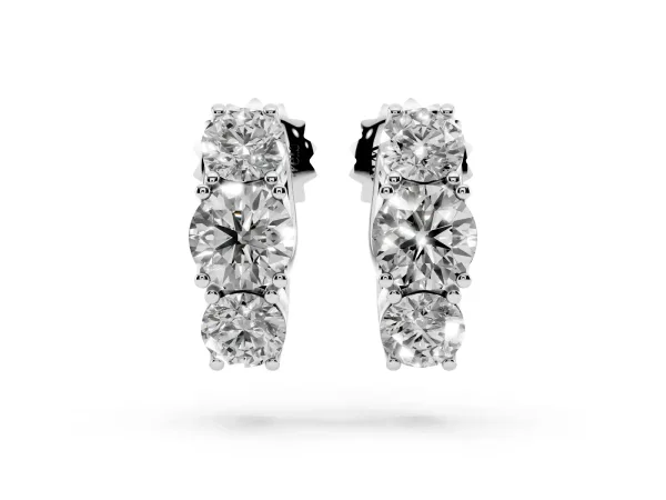 Round Diamond Prong Set Three-Stone White Gold Earrings Silver