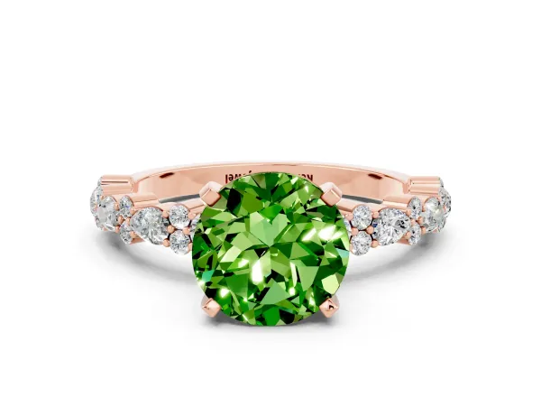 Round Cut Peridot Side Stone Solitaire Ring with Round and Four-Prong Setting Rose gold