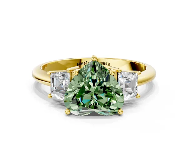 Fancy Green Heart Cut Diamond Three-Stone Ring with Trapezoid Side Stones and Prong Setting Yellow gold