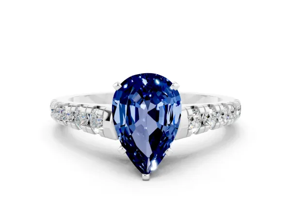 Pear Cut Blue Sapphire Cathedral Solitaire Ring with Round Pavé Band White gold