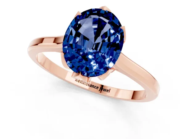 Oval Cut Blue Sapphire Solitaire Ring with Flower Prong Setting and Classic Band Rose gold