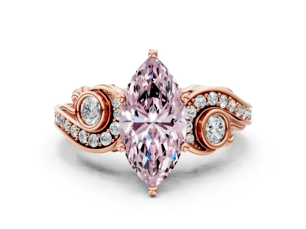 Fancy Pink Marquise Cut Diamond Solitaire Ring with Milgrain Pavé Band and Four-Prong Setting Rose gold