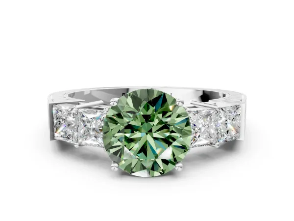 Fancy Green Round Cut Solitaire Princess Side Stone Engraved Band Prong Setting Ring Platinum