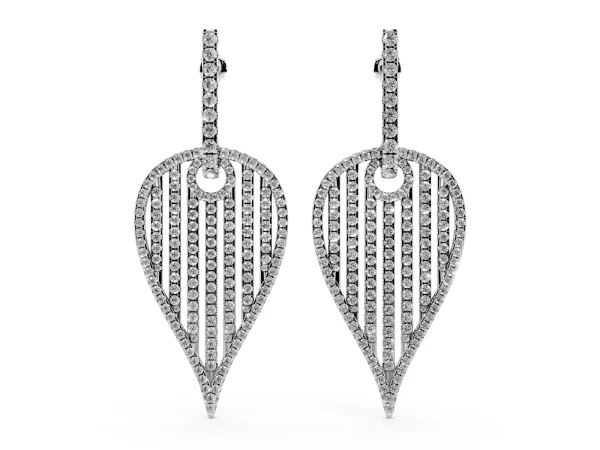 Round Diamond Striped Teardrop Statement Drop Earrings Platinum