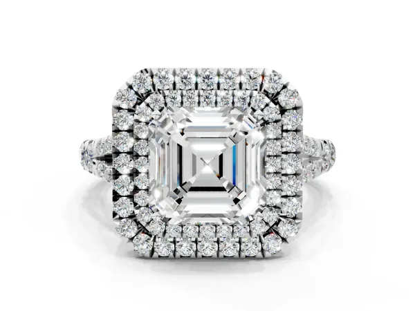 Asscher Cut Cut Double Halo Split Shank Diamond Ring with Prong Setting Platinum