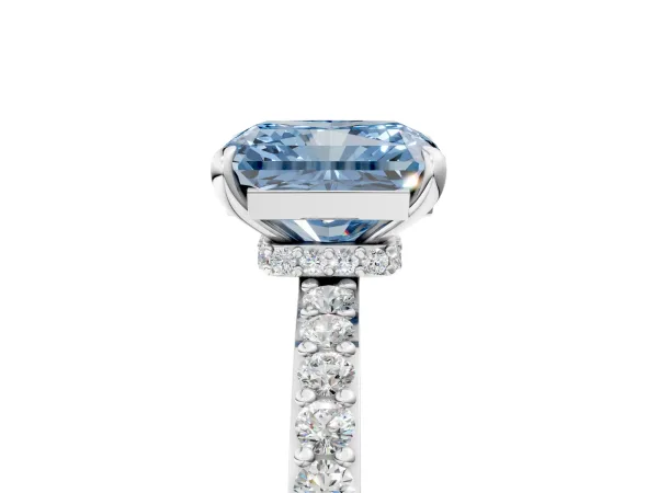 Fancy Blue Radiant Cut Diamond Solitaire Engagement Ring with Pavé Band and Four-Prong Setting Platinum