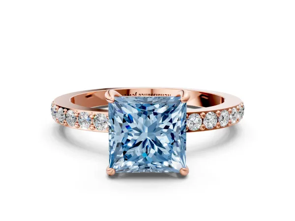 Fancy Blue Princess Cut Diamond Solitaire Engagement Ring with Pavé Band and Four-Prong Setting Rose gold