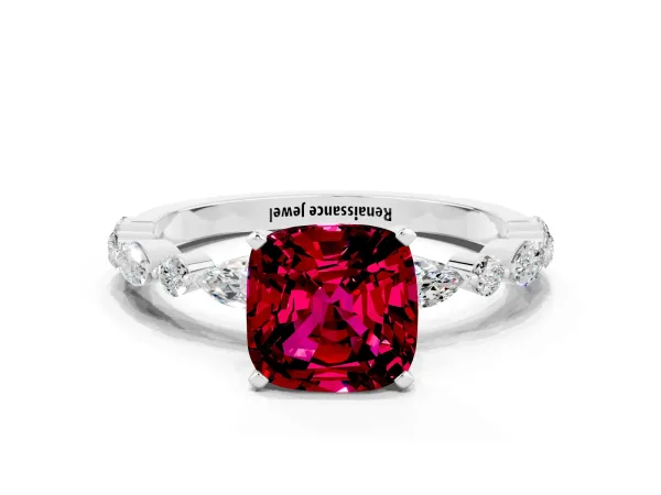 Cushion Cut Garnet Ring with Marquise and Round Side Stones and Four-Prong Setting Platinum
