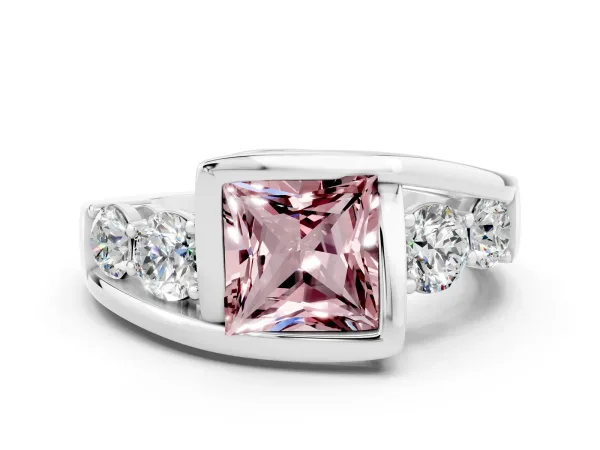 Bezel Set Princess Cut Morganite Bypass Ring with Round Accents Platinum