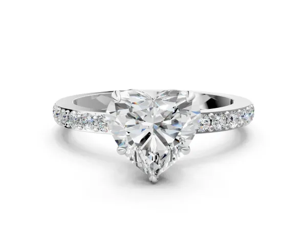 Heart Cut Diamond Solitaire Engagement Ring with Pavé Band and Four-Prong Setting Platinum