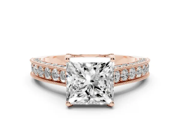 Princess Cut Cut Diamond Solitaire Ring with Milgrain Pave Band and Four Prong Setting Rose gold