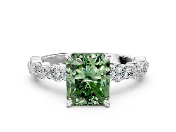 Fancy Green Radiant Cut Diamond Side Stone Solitaire Ring with Round and Four-Prong Setting Platinum