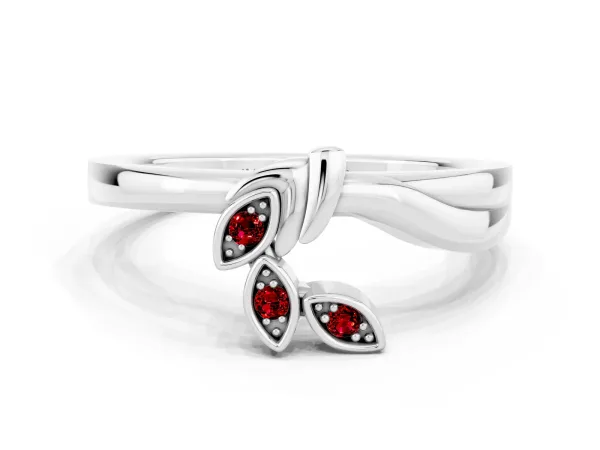 Three-Stone Round Ruby Leaf Bypass Ring with Bezel Setting Platinum