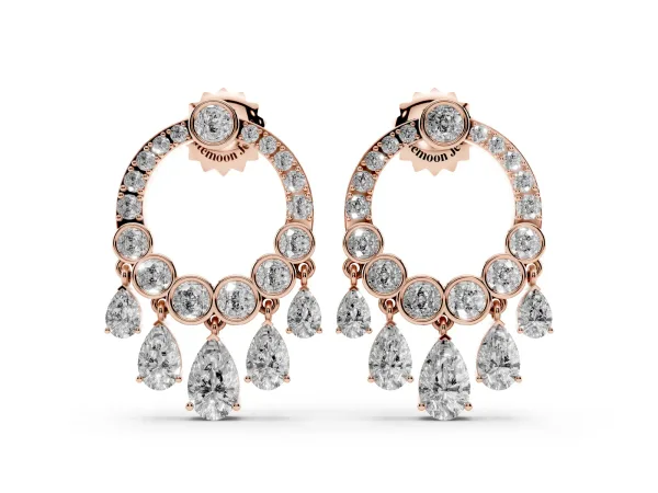 Round and Pear Diamond Dangle Earrings Rose gold