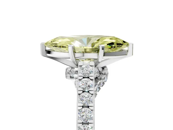 Fancy Yellow Marquise Cut Diamond Solitaire Ring with Crossover Gallery and Round Pavé Band Silver