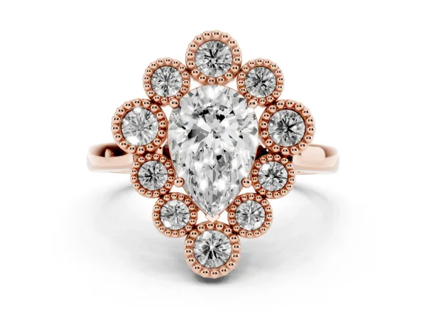 Pear Cut Halo Diamond Cluster Engagement Ring with Milgrain Bezel Setting and Solitaire Band Rose gold