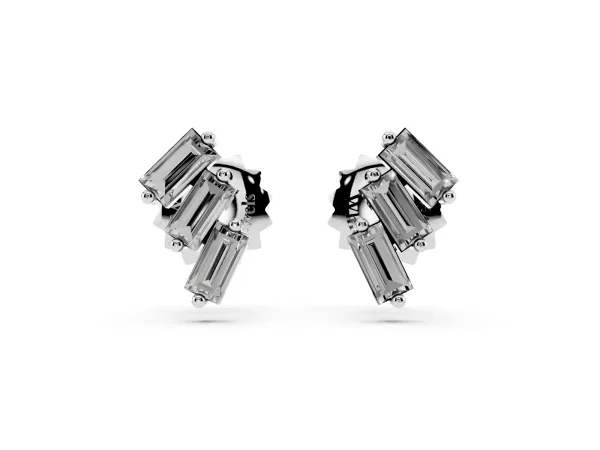 Baguette Diamond Three-Stone Stud Earrings Platinum