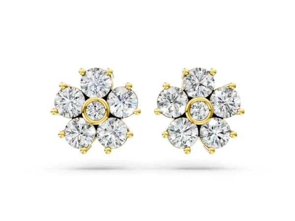 Round Diamond Flower Stud Earrings with Diamond Accent Yellow gold