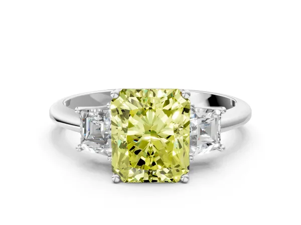 Fancy Yellow Radiant Cut Diamond Three-Stone Ring with Trapezoid Side Stones and Prong Setting Platinum