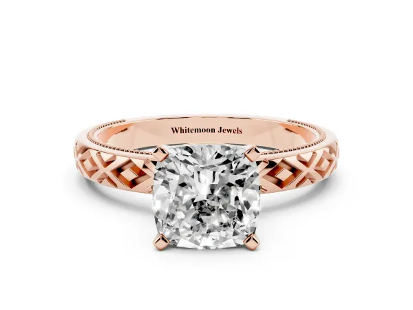 Cushion Cut Solitaire Diamond Ring with Milgrain and Black Enamel X Pattern Band Rose gold