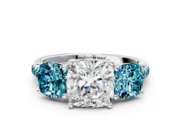 Three-Stone Cushion Cut Diamond Ring with Round Blue Topaz Pavé Band and Prong Setting Platinum