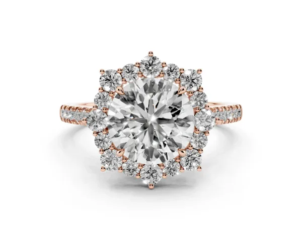 Round Cut Halo Diamond Ring with Pavé Band and Prong Setting Rose gold