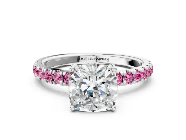 Cushion Cut Diamond Pave Band Solitaire Ring with Round Pink Sapphire and Prong Setting Platinum