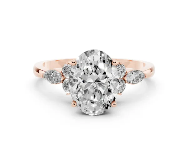 Oval Cut Brilliant Diamond Solitaire Ring with Pear Side Stones and Four-Prong Setting Rose gold