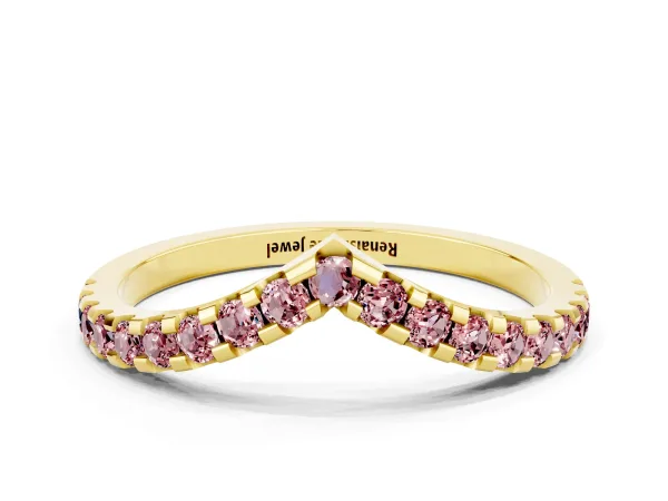 Pavé Round Morganite Chevron Band with Shared Prong Setting Yellow gold