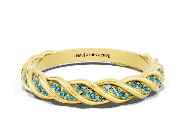 Twisted Pavé Round Blue Topaz Eternity Band with Shared Prong Setting Yellow gold