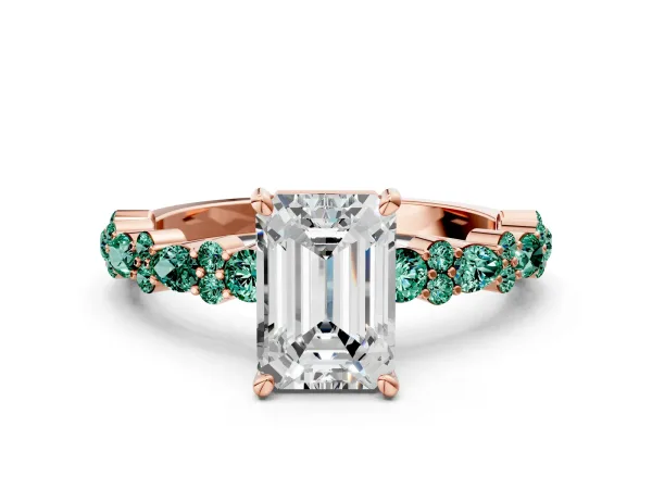 Emerald Cut Diamond Side Stone Solitaire Ring with Round Green Sapphire and Four-Prong Setting Rose gold