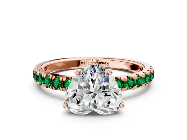 Heart Cut Diamond Pave Band Solitaire Ring with Round Emerald and Prong Setting Rose gold
