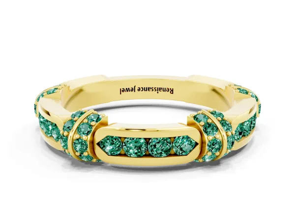 Pavé Round Green Sapphire Link Band with Bezel Setting Yellow gold