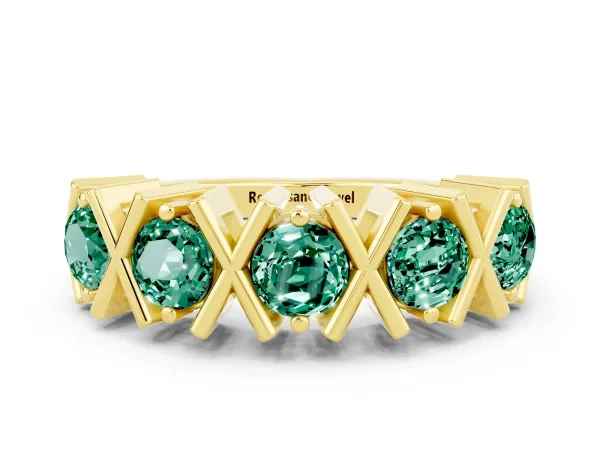 Round Green Sapphire Channel Set Band with X-Prong Detail Yellow gold