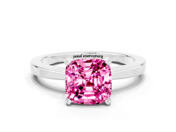 Cushion Cut Pink Sapphire Solitaire Engagement Ring with Classic Band and Four-Prong Setting Silver