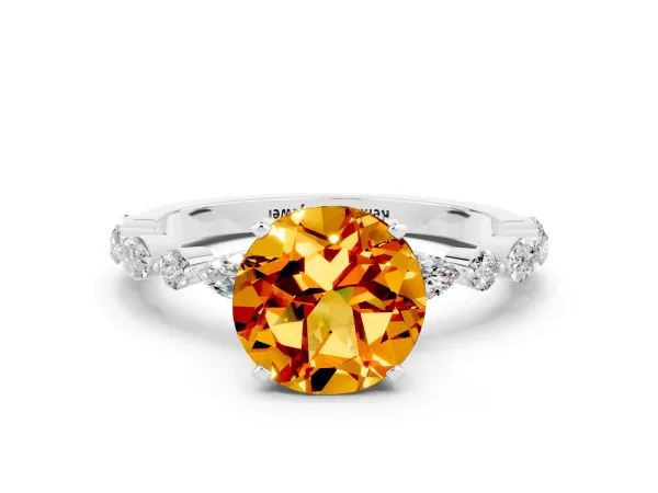 Round Cut Citrine Ring with Marquise and Round Side Stones and Four-Prong Setting Silver